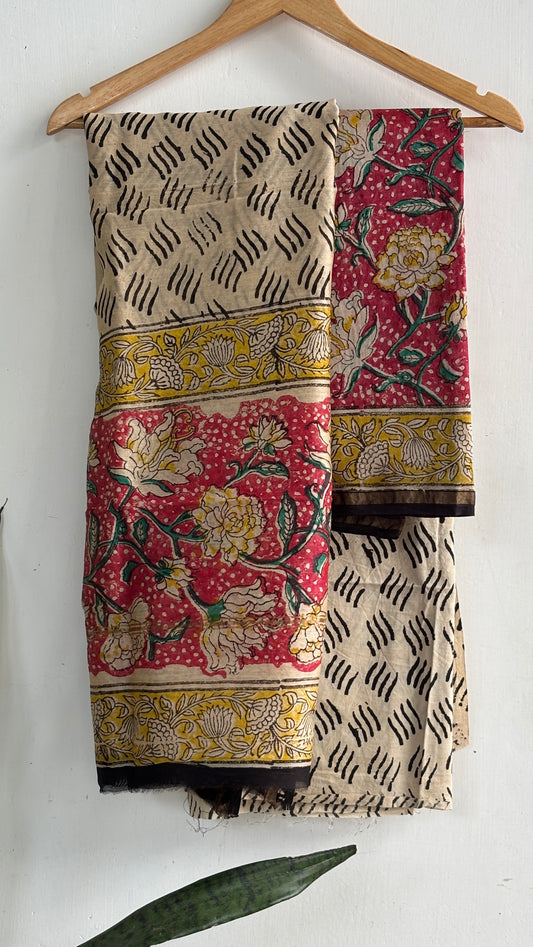 Red Floral & Mustard Handblock Chanderi Silk Suit Set