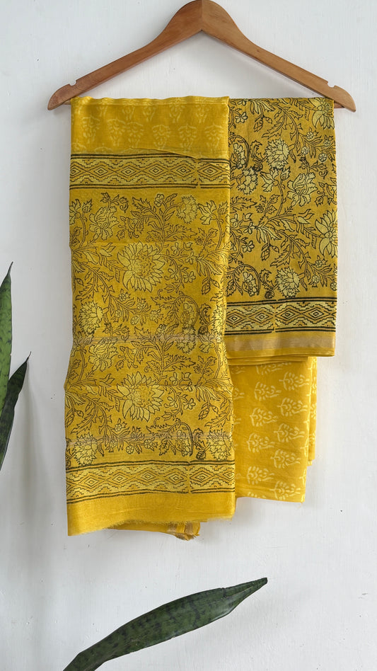 Mustard Yellow Floral Handblock Chanderi Silk Suit Set