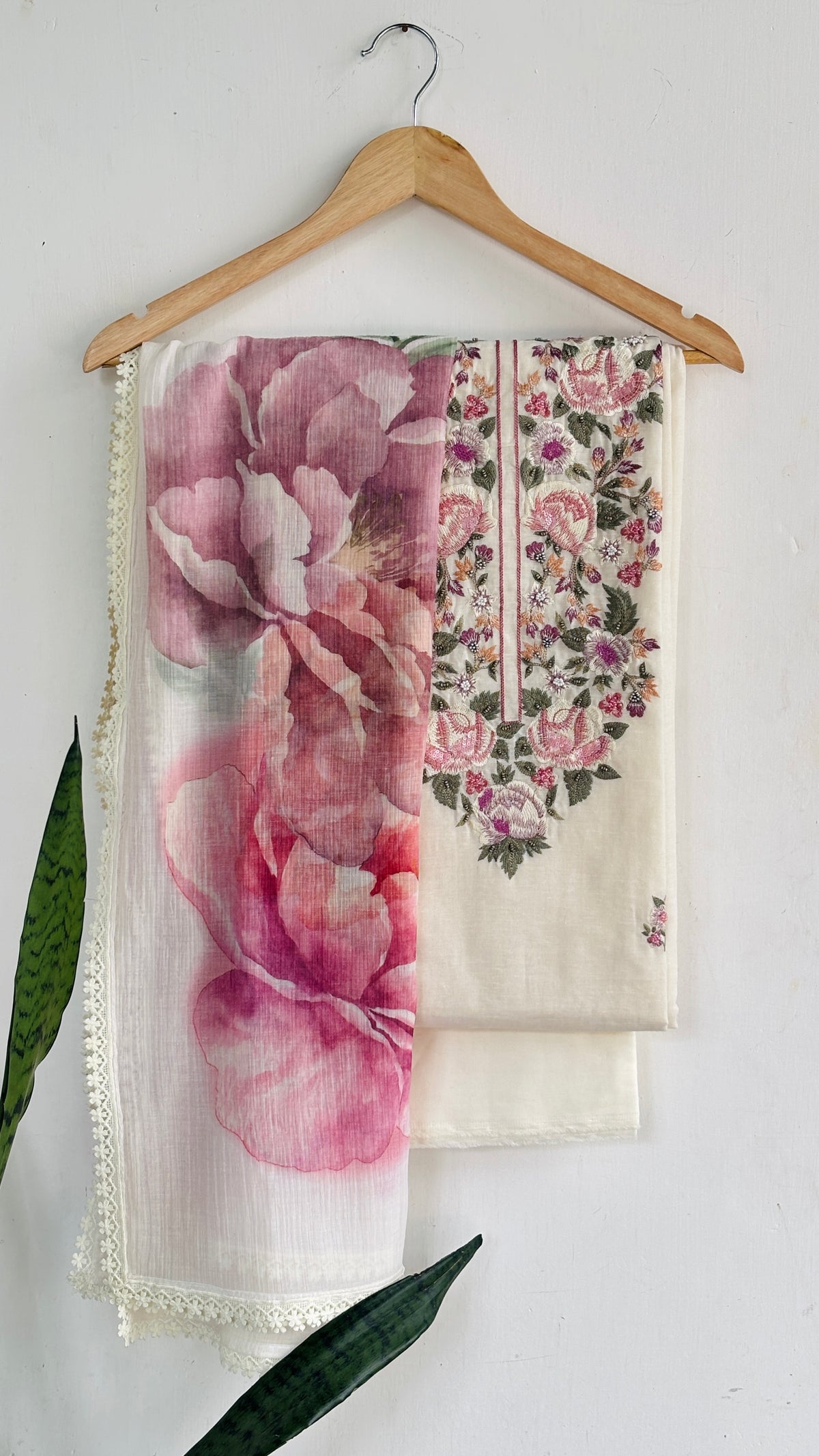 Floral Embroidered Neckline and Floral Printed Chiffon Dupatta with Lace