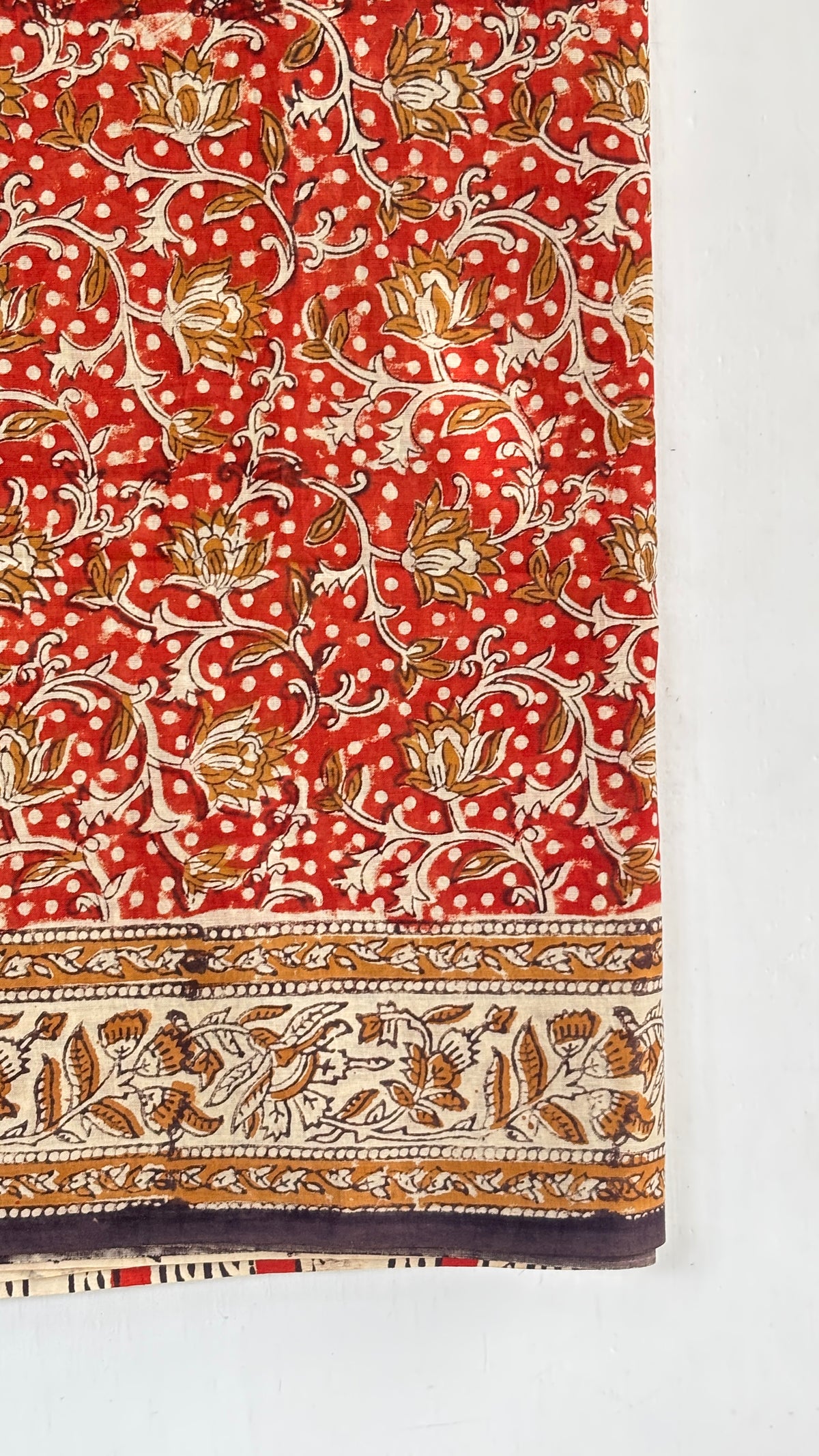 Rust Red and Beige Floral Vine Handblock Mul Cotton Saree