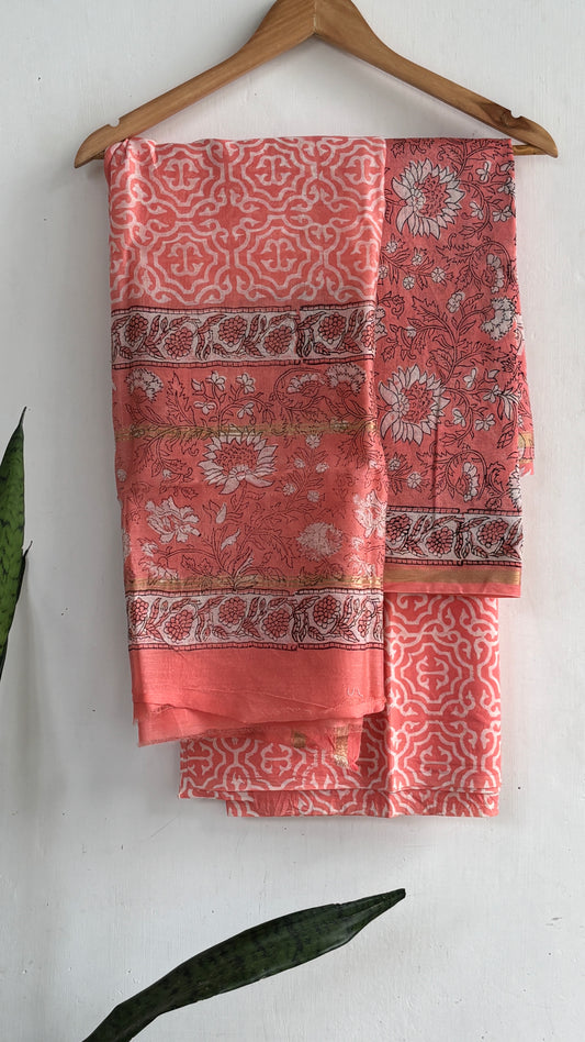 Salmon Pink Geometric & Floral Handblock Chanderi Silk Suit Set