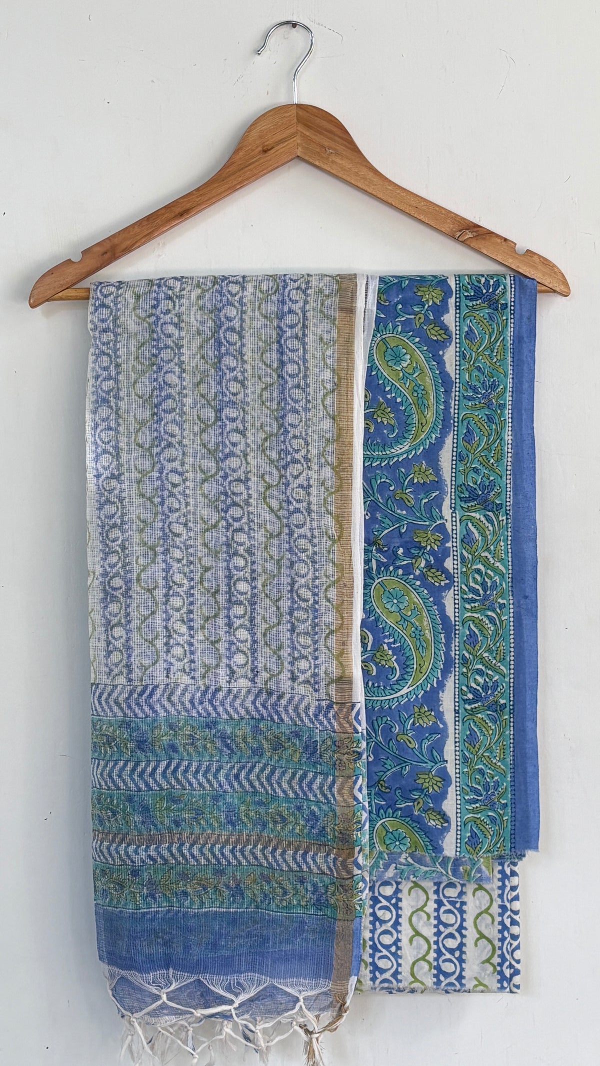 Blue and Green Cotton Suit Set with Kota Doria Dupatta