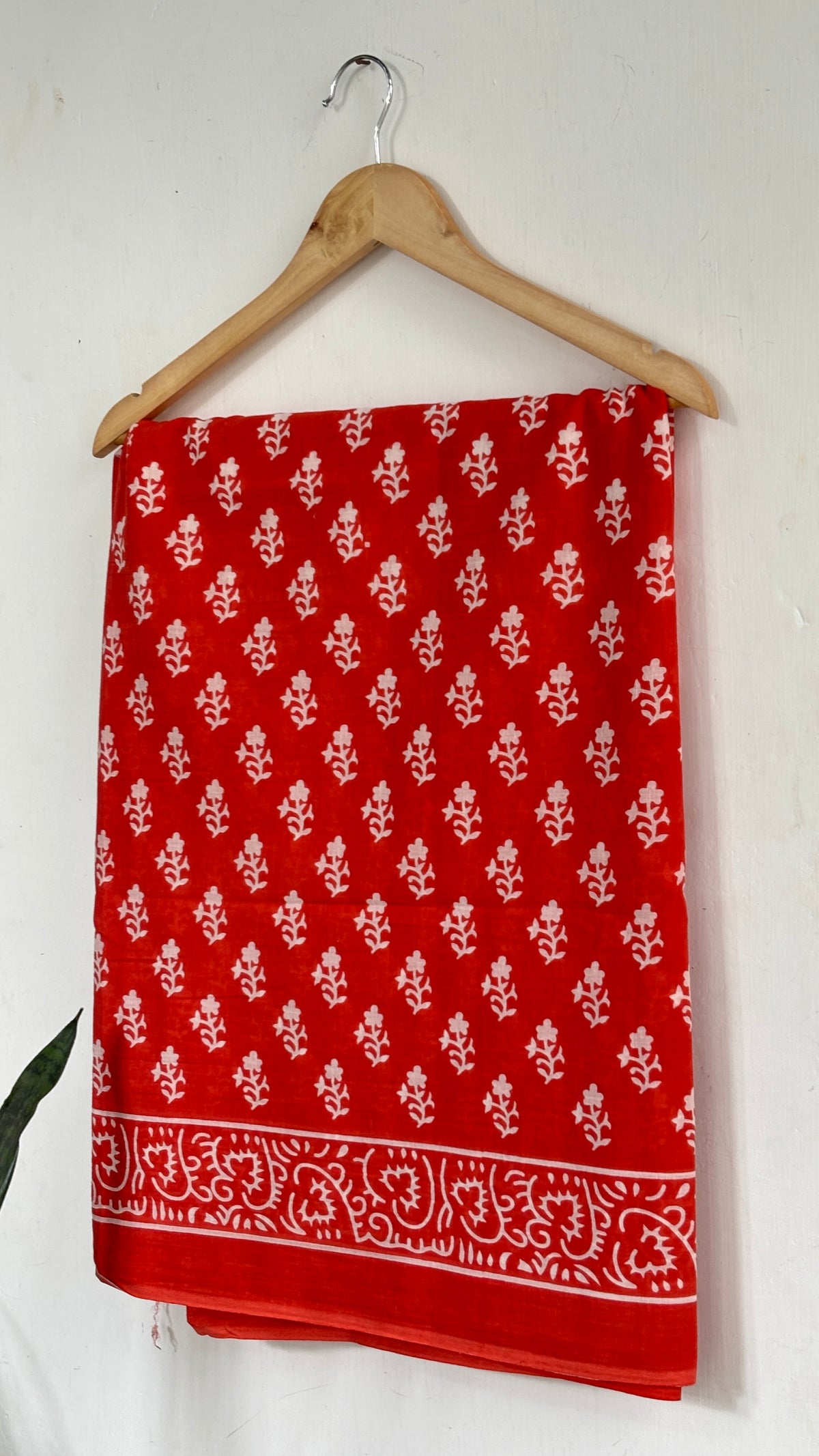 Vermilion Red Floral Buti Print Mul Cotton Saree with White Ornamental Border