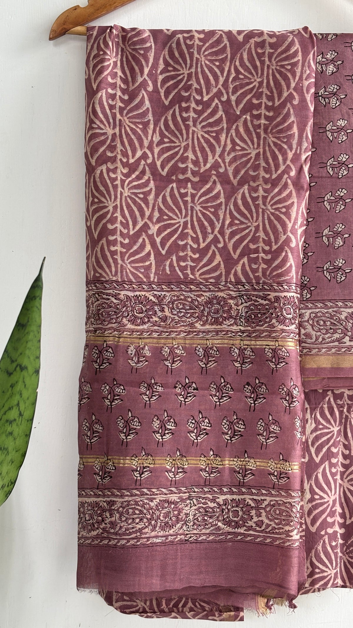 Dusty Rose Leaf & Buti Handblock Chanderi Silk Suit Set