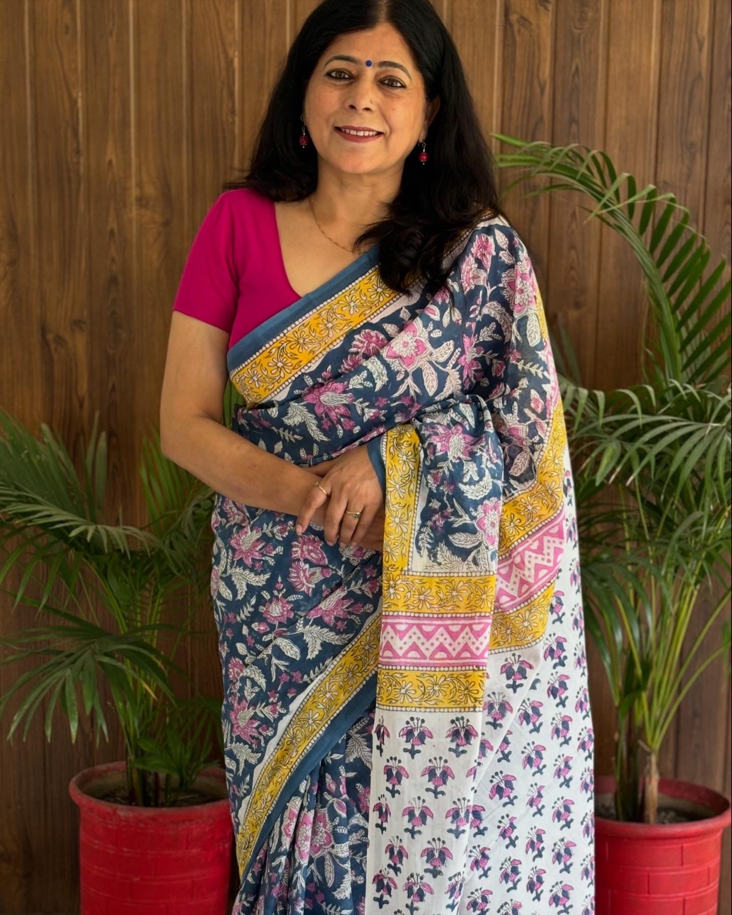 Floral Handblock Printed Mul Cotton Saree