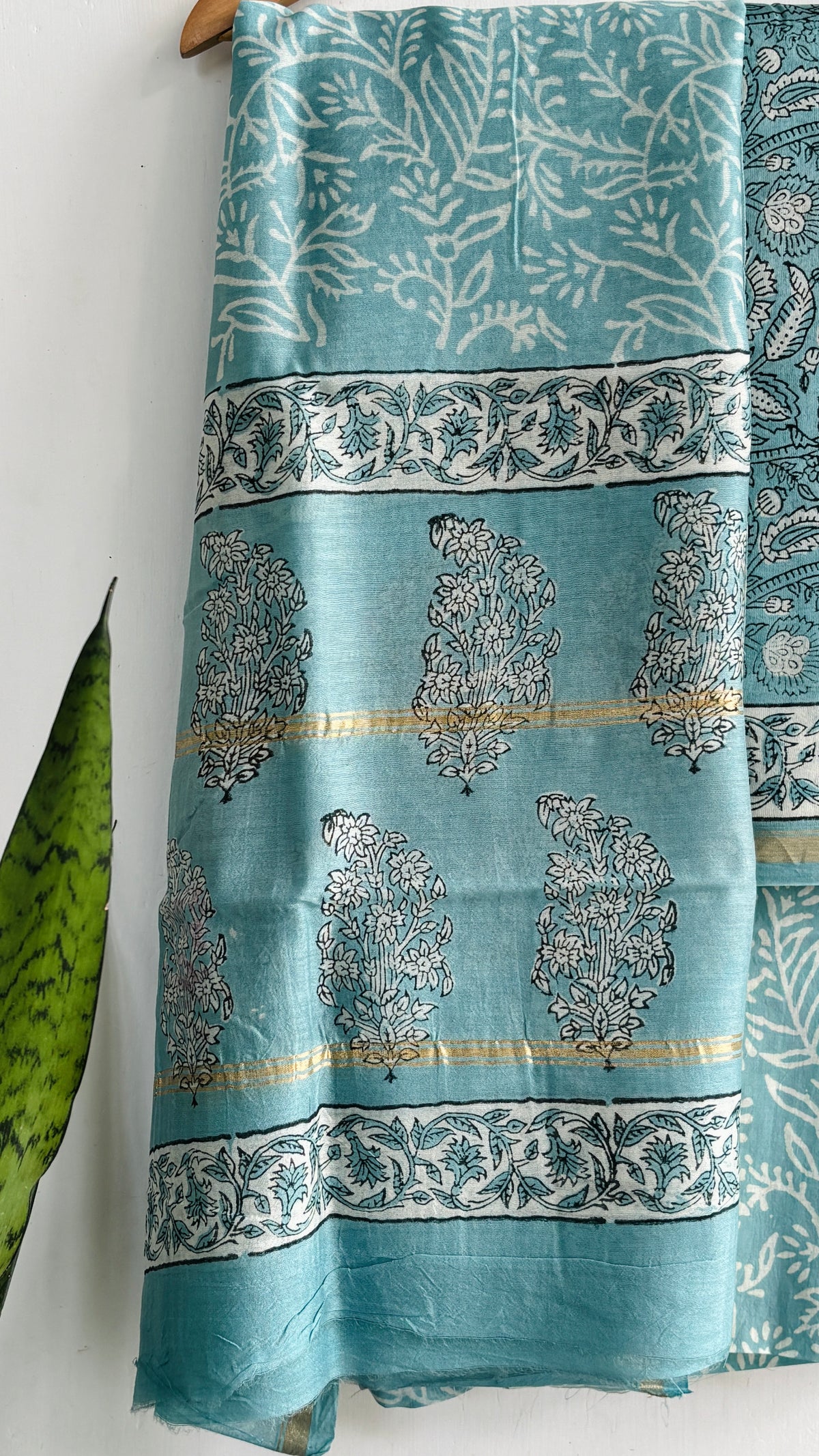 Teal Floral & Paisley Handblock Chanderi Silk Set