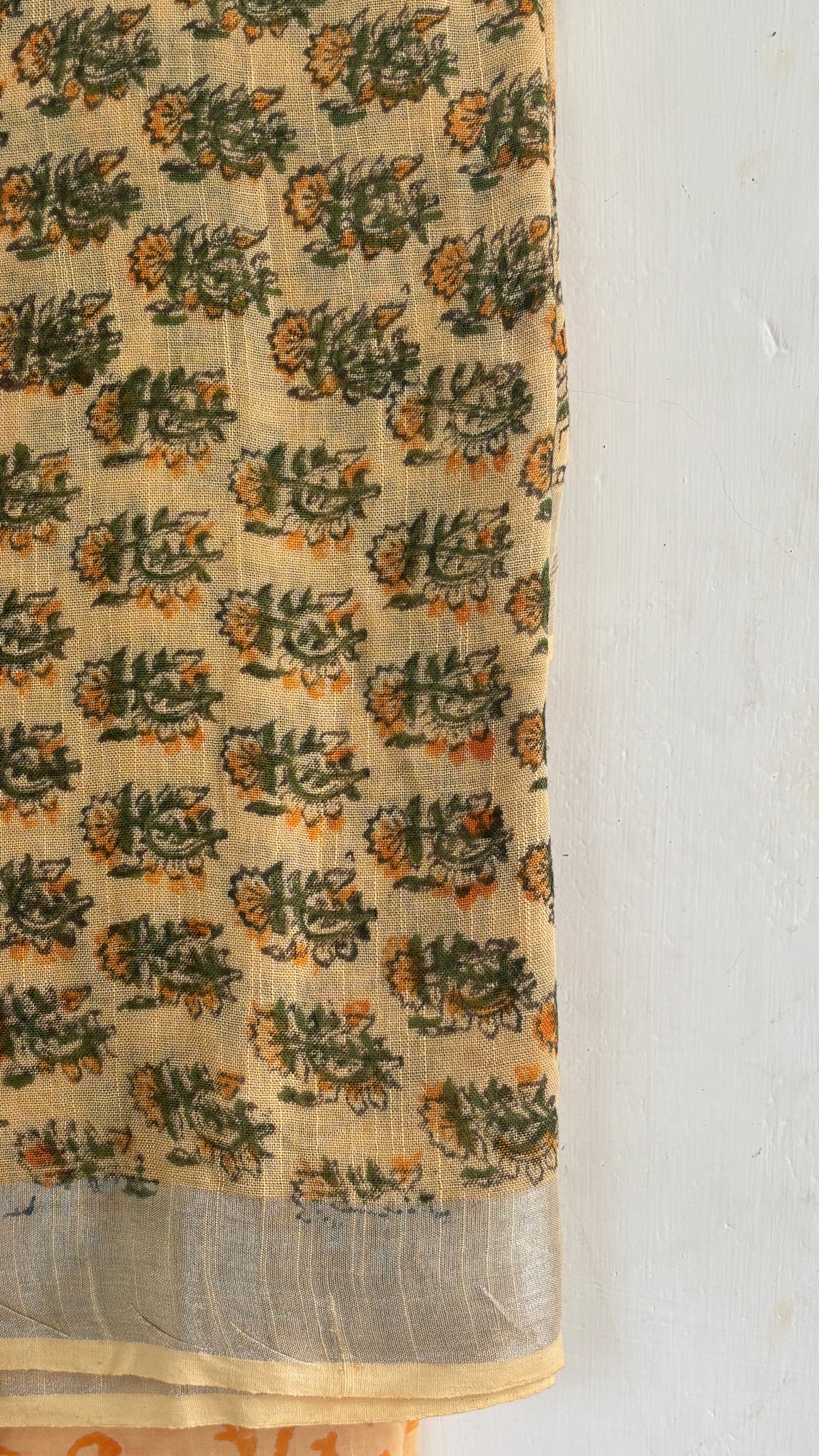 Handblock Printed Lemon Cotton Linen Suit Set with Silver Zari Border