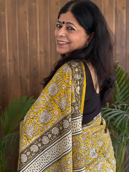 Yellow Handblock Printed Mul Cotton Saree