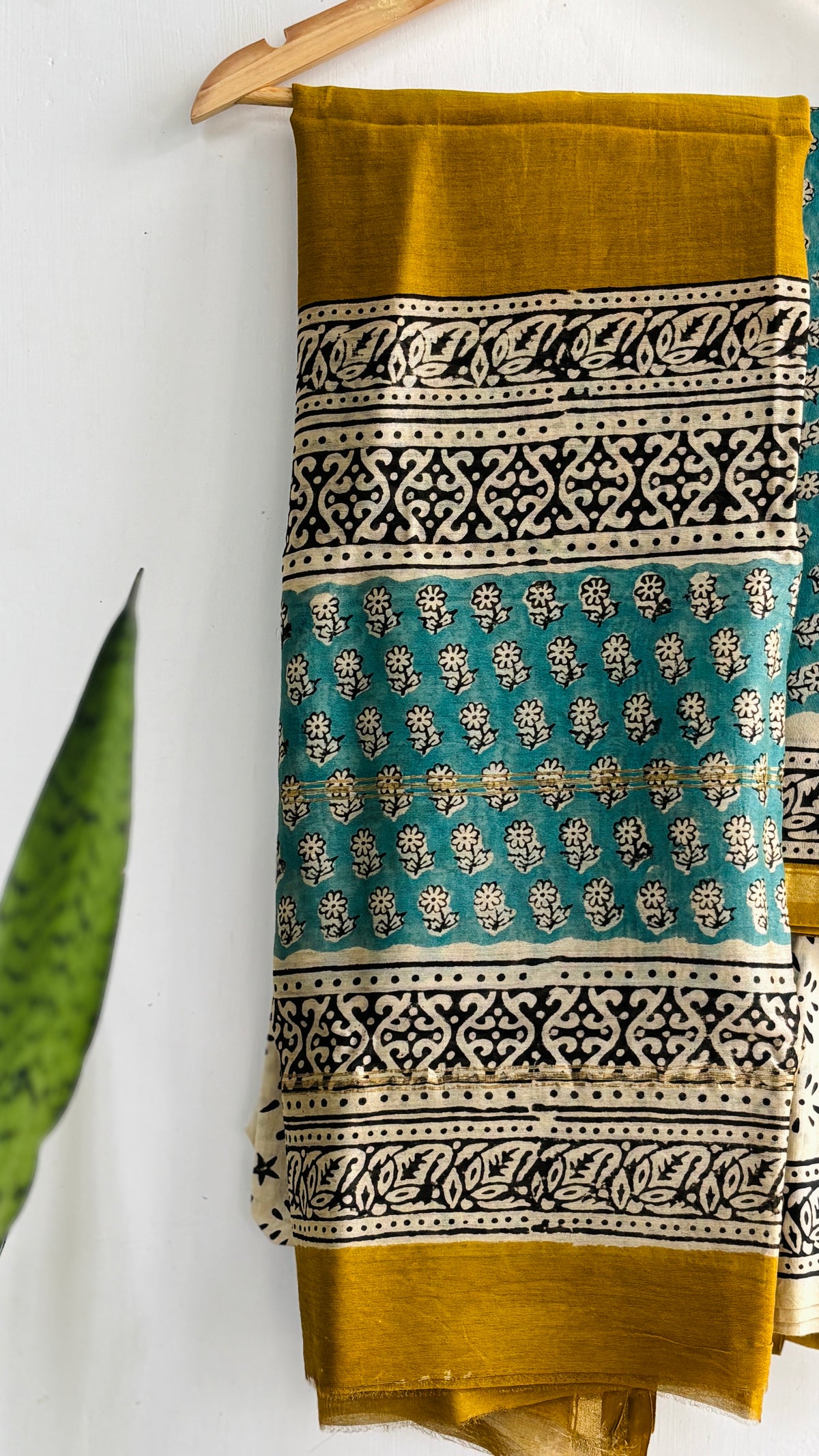 Teal Mustard Floral Handblock Chanderi Silk Suit Set