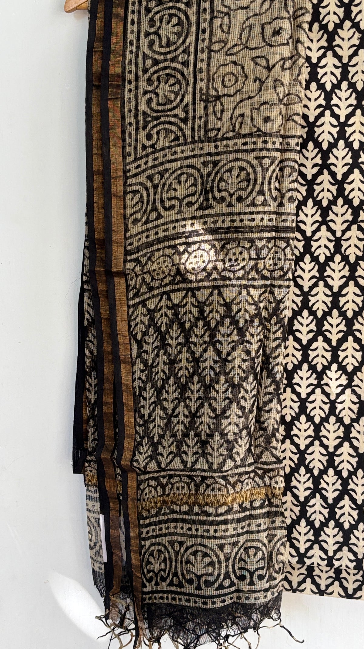 Black Handblock Printed Cotton Suit Set with Kota Doria Dupatta
