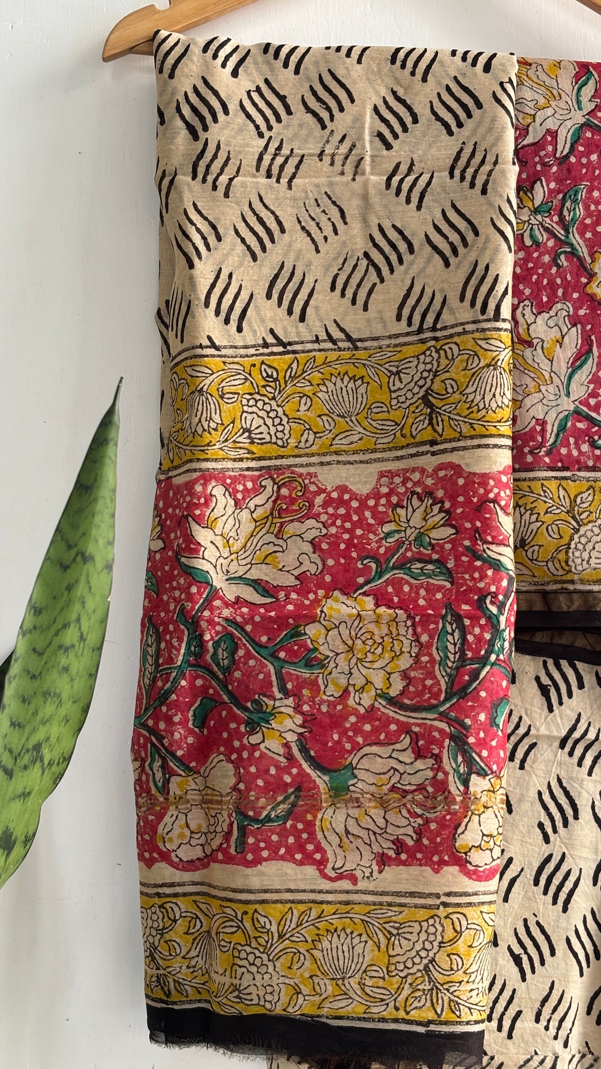 Red Floral & Mustard Handblock Chanderi Silk Suit Set