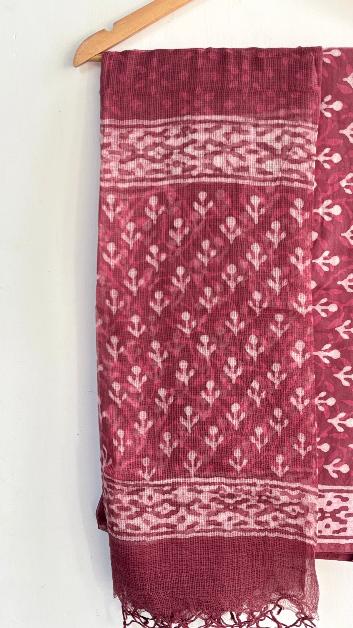 Dark Rouge Pink Handblock Printed Cotton Suit Set with Kota Doria Dupatta
