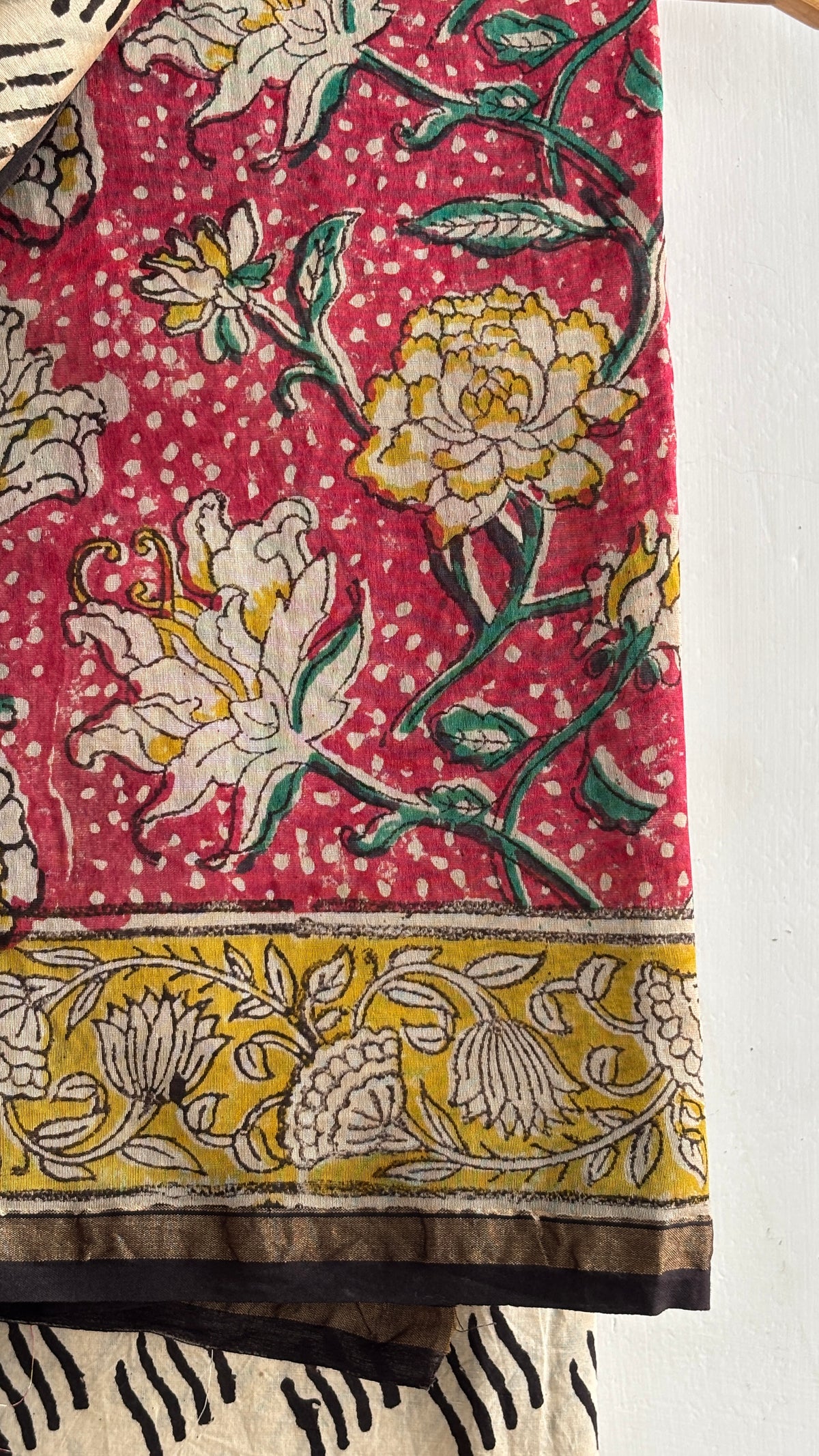Red Floral & Mustard Handblock Chanderi Silk Suit Set