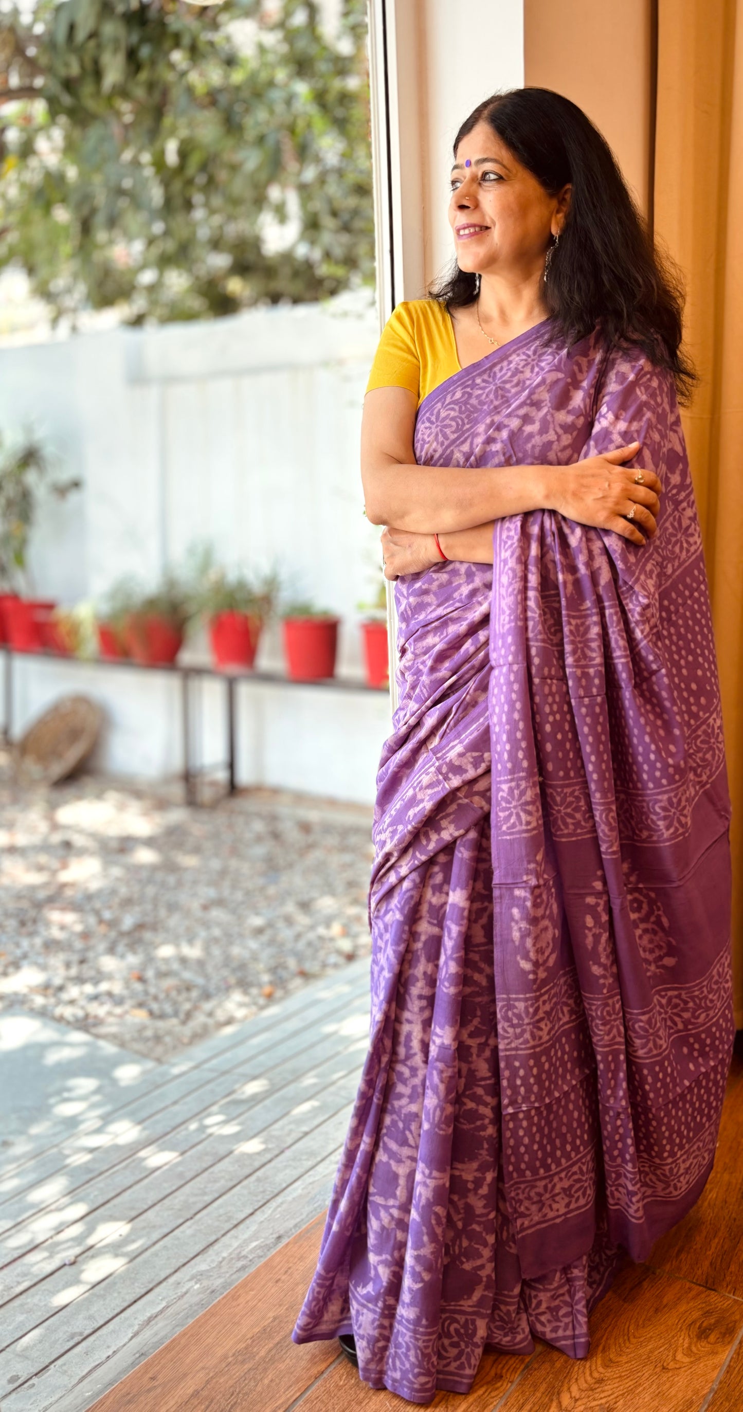 Purple Handblock Printed Mul Cotton Saree