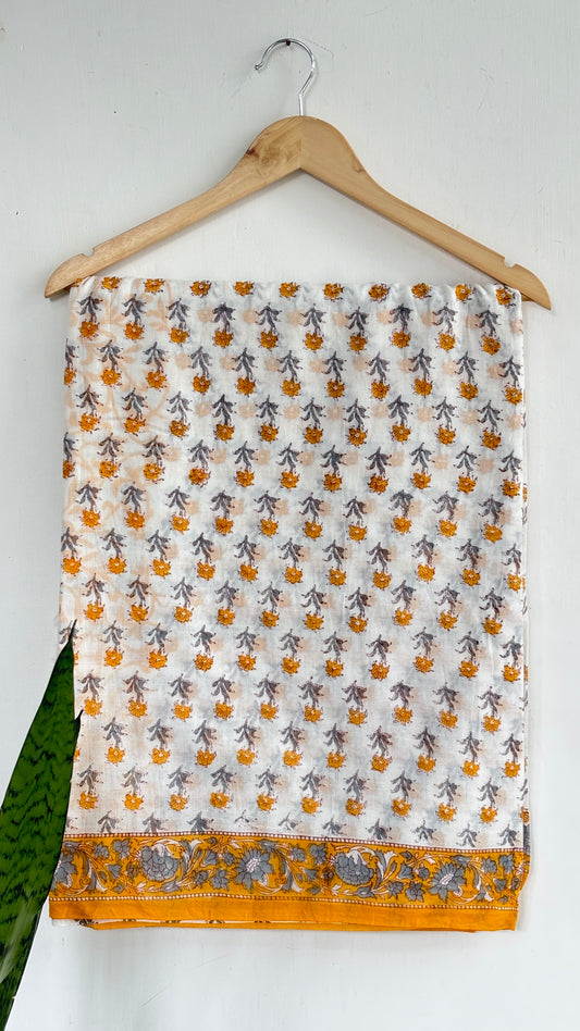 White and Yellow Floral Printed Mul Cotton Sari