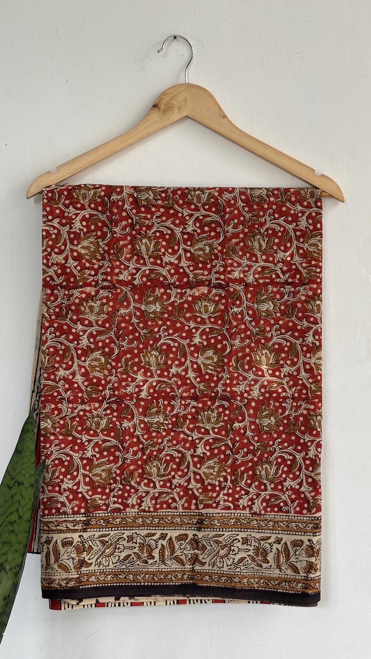 Rust Red and Beige Floral Vine Handblock Mul Cotton Saree