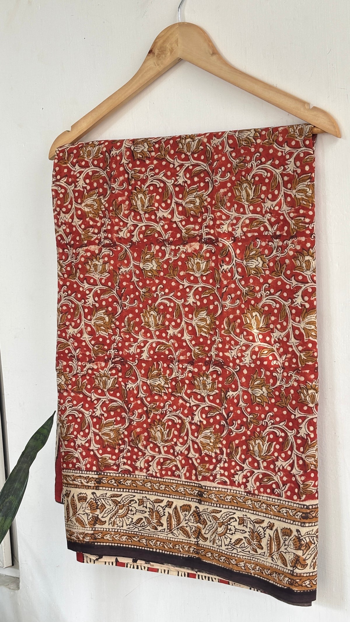 Rust Red and Beige Floral Vine Handblock Mul Cotton Saree