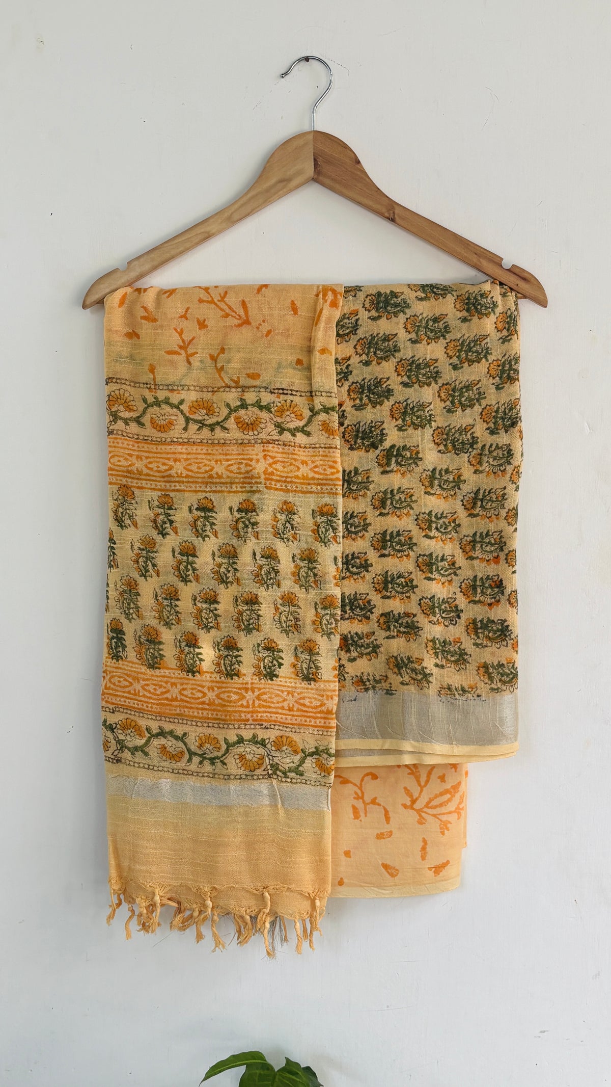 Handblock Printed Lemon Cotton Linen Suit Set with Silver Zari Border