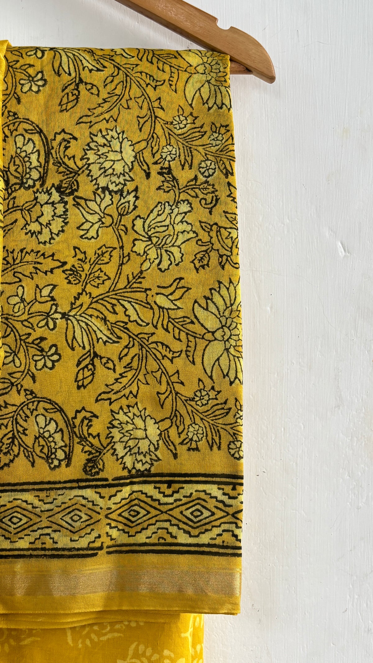 Mustard Yellow Floral Handblock Chanderi Silk Suit Set