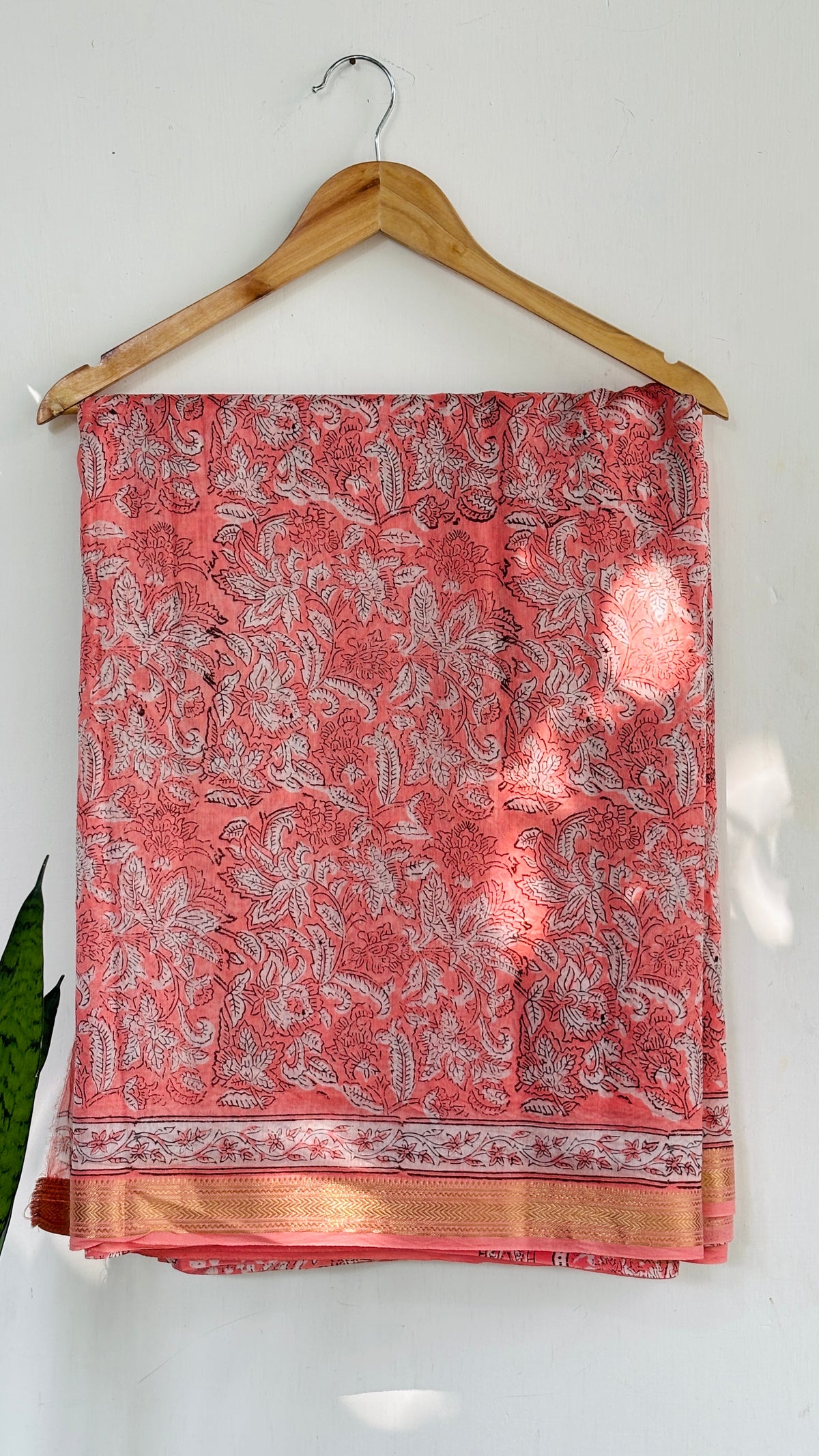 Peach Handblock Printed Maheshwari Silk Saree