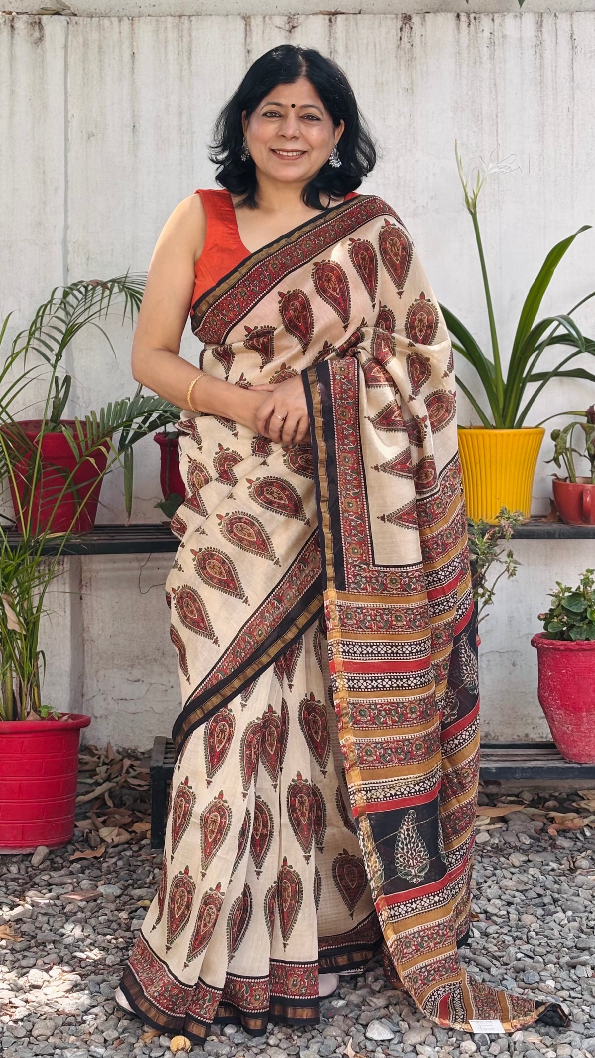 Offwhite Handblock Printed Chanderi Silk Saree