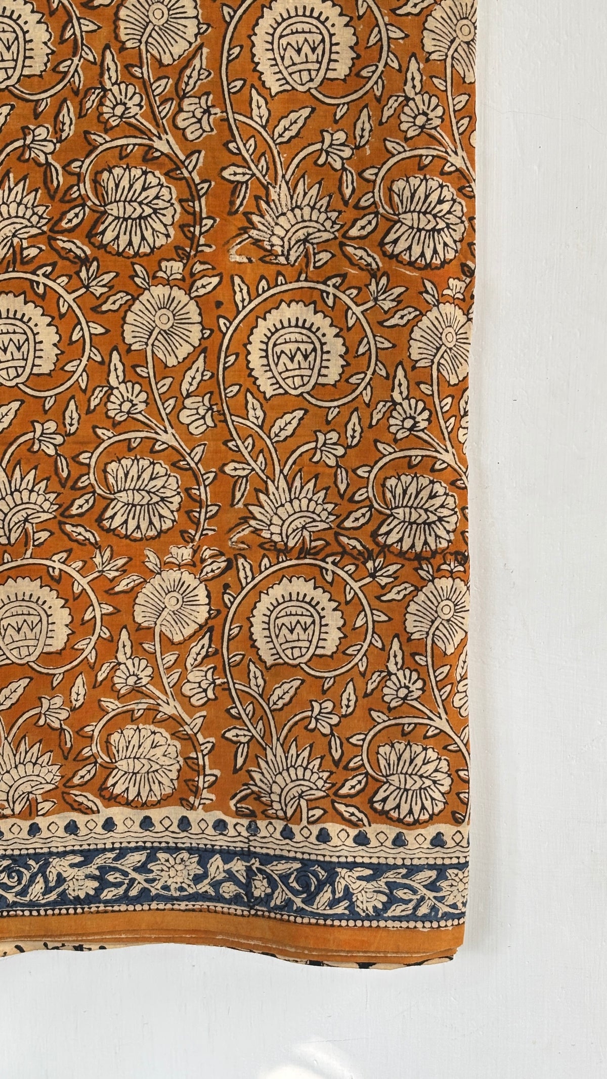 Ochre Brown and Beige Lotus Vine Print Handblock Mul Cotton Saree
