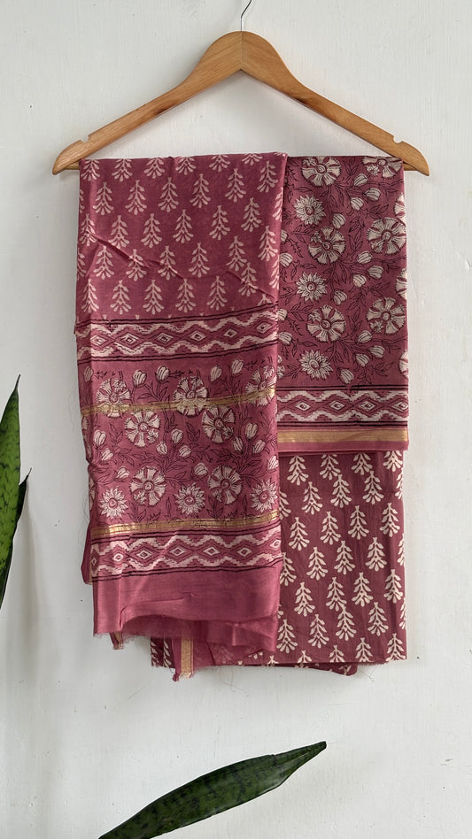 Mauve Floral Handblock Chanderi Silk Suit Set