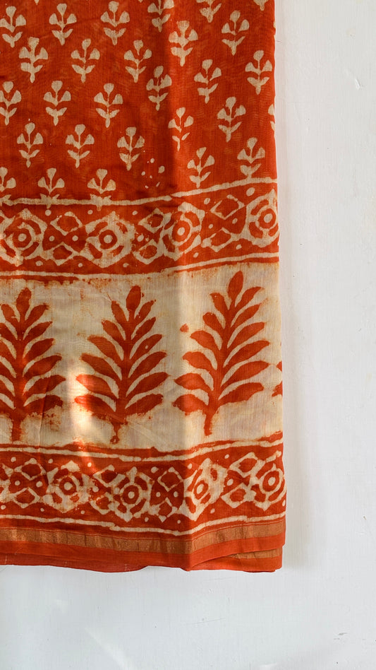 Handblock Printed Orange Chanderi Silk Saree with Big Leaf Border