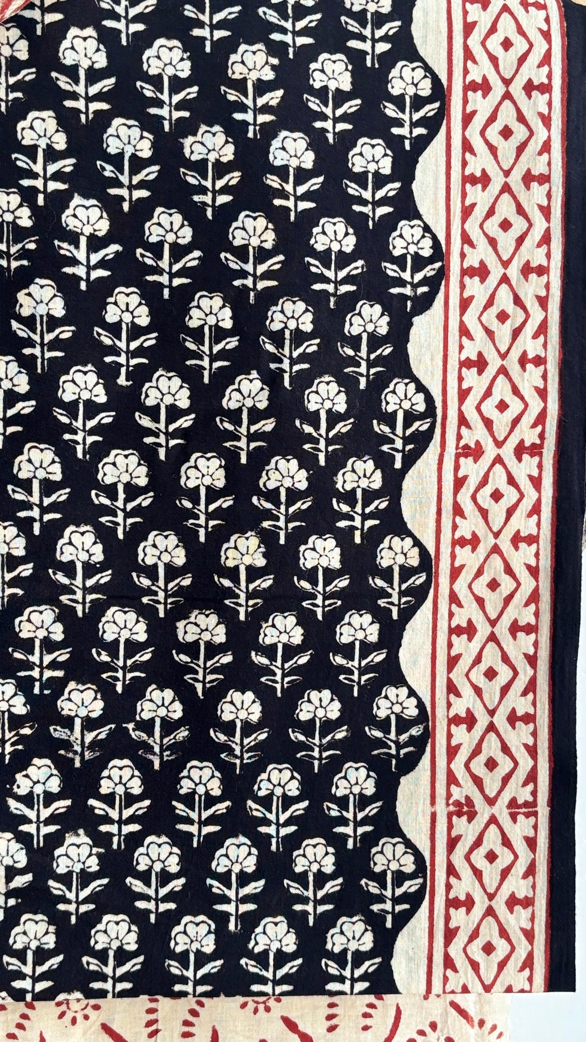 Black and Beige Handblock Printed Cotton Suit Set with Kota Doria Dupatta