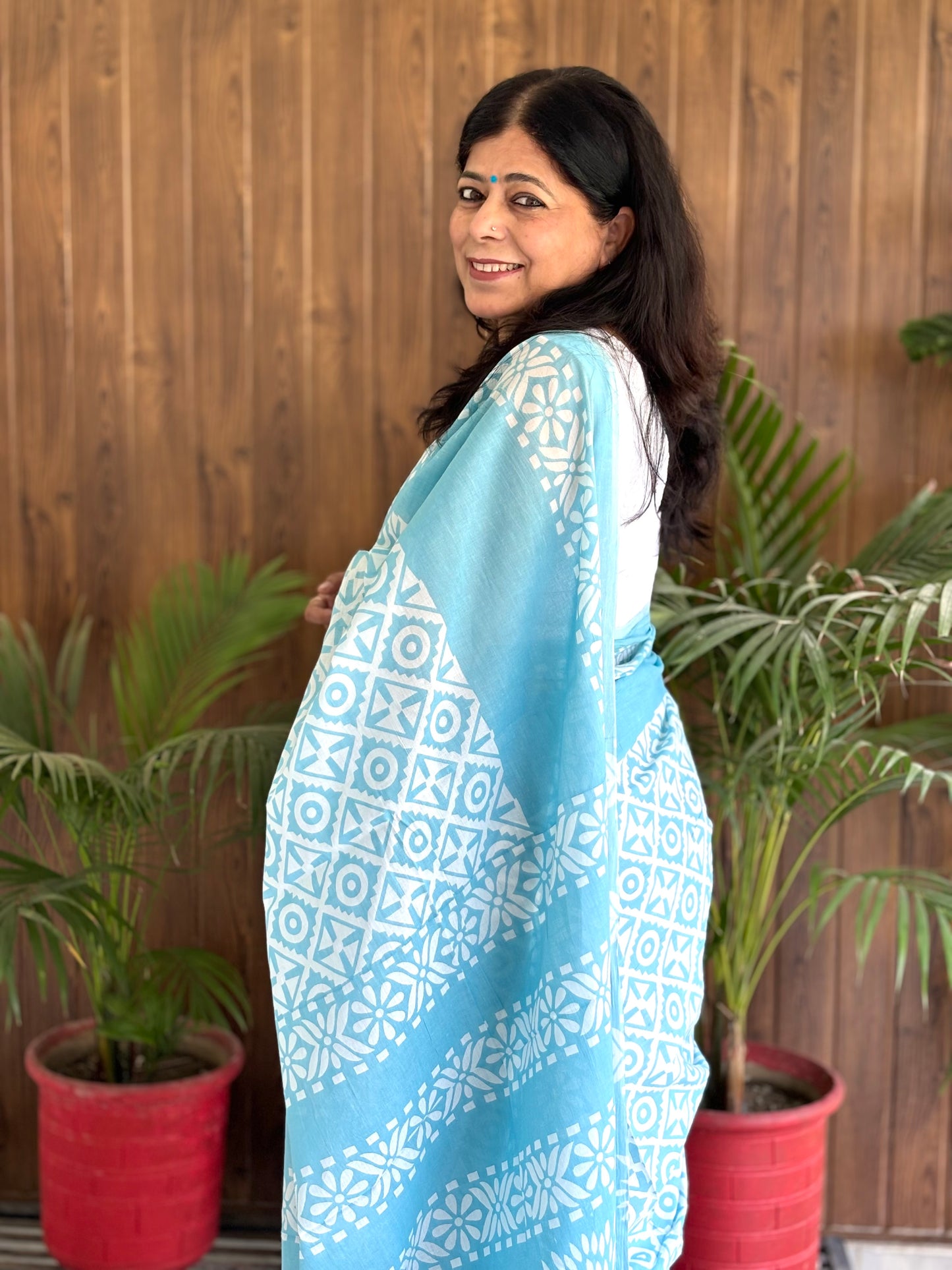 Sky Blue Handblock Printed Mul Cotton Saree