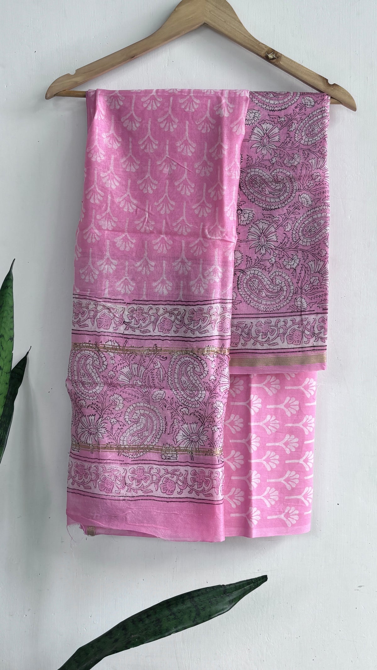 Blush Pink Paisley & Leaf Handblock Chanderi Silk Suit Set