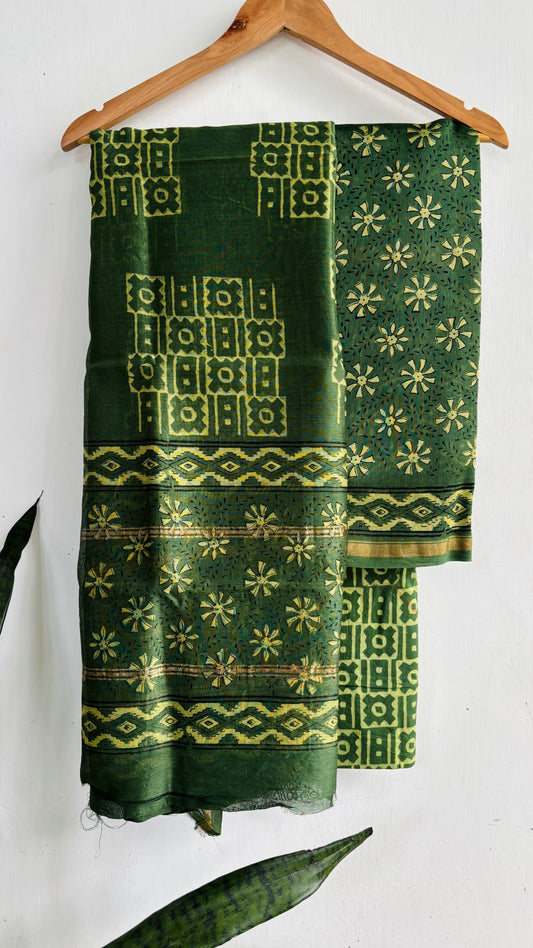 Forest Green & Yellow Floral Geometric Handblock Chanderi Silk Suit Set