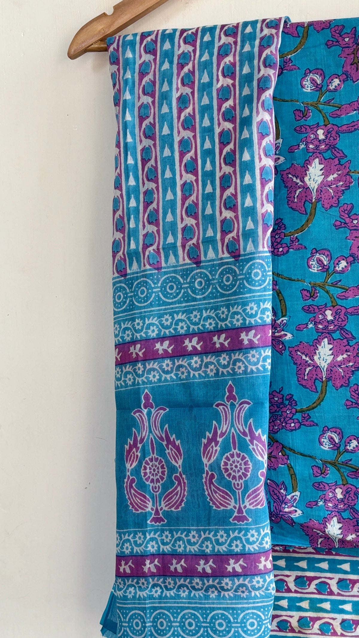 Bright Blue and Pink Cotton Suit Set with Cotton Dupatta