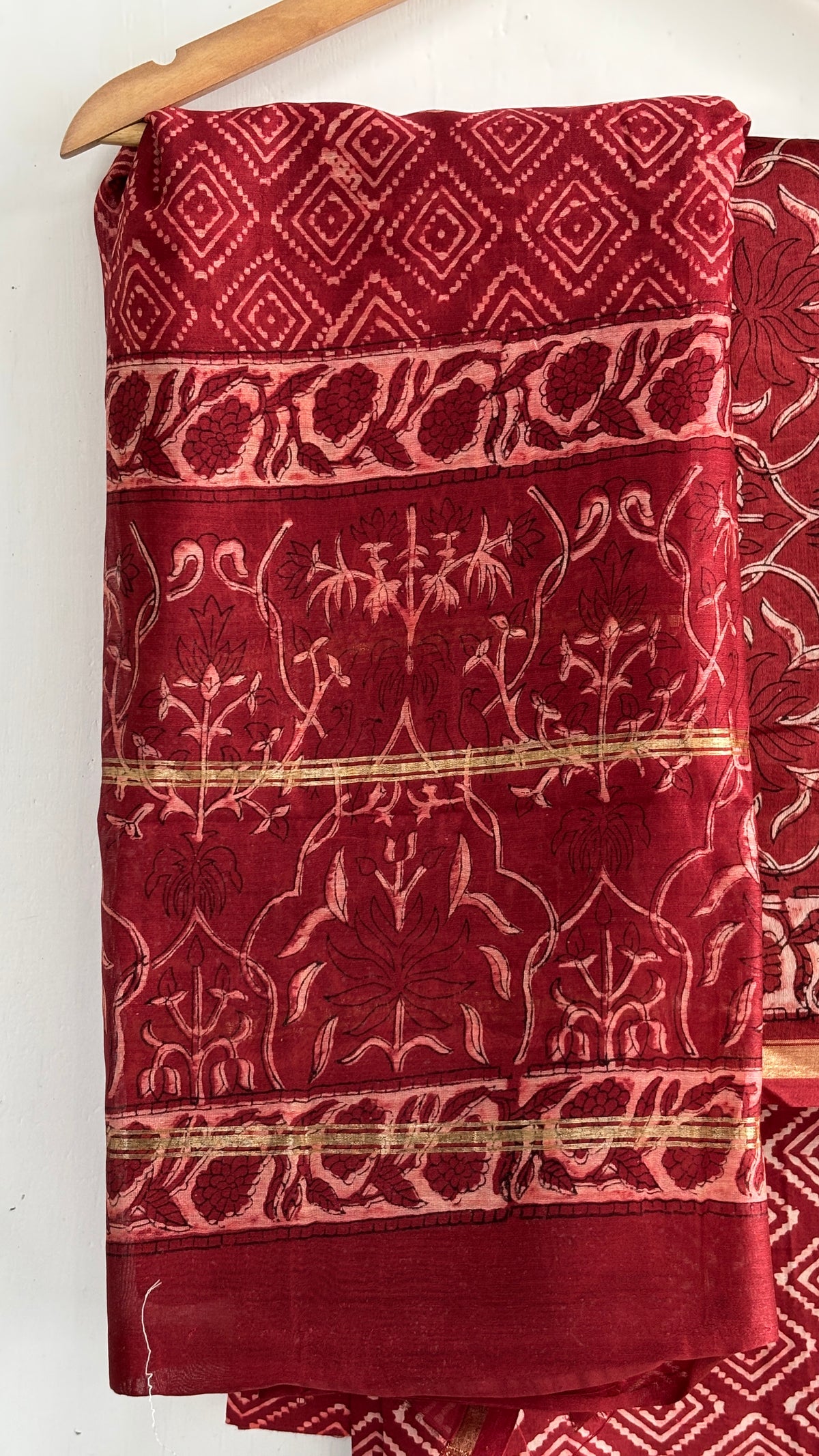 Maroon Floral & Geometric Handblock Chanderi Silk Suit Set