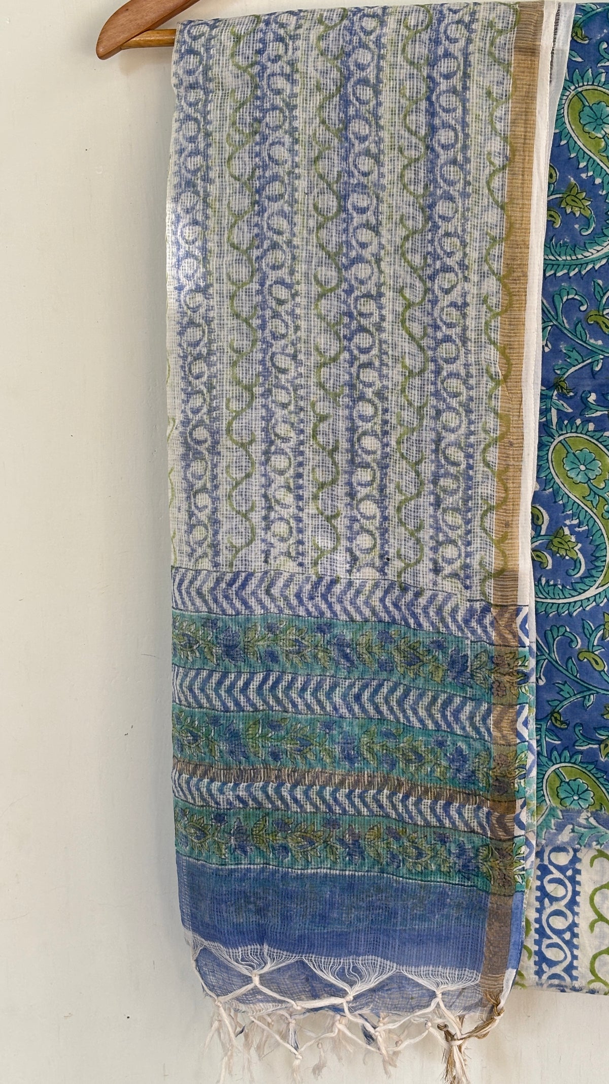 Blue and Green Cotton Suit Set with Kota Doria Dupatta