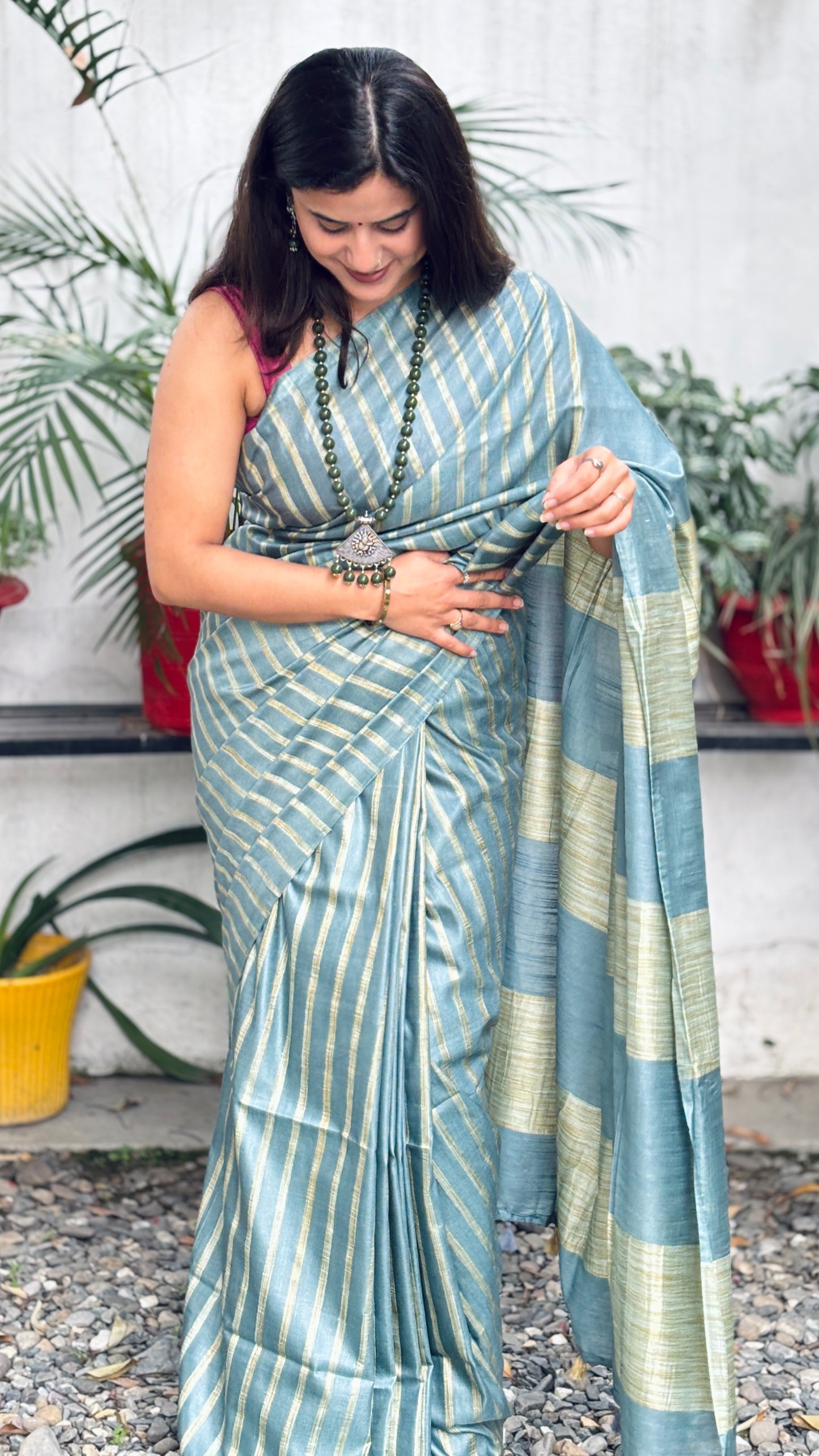 Slate Blue Striped Saree
