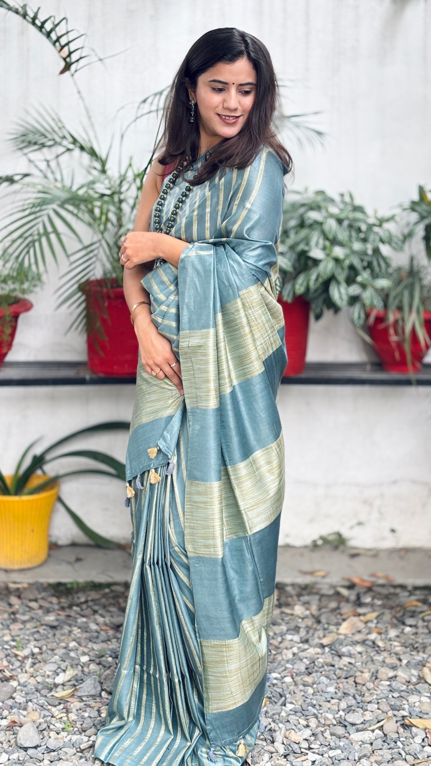 Slate Blue Striped Saree