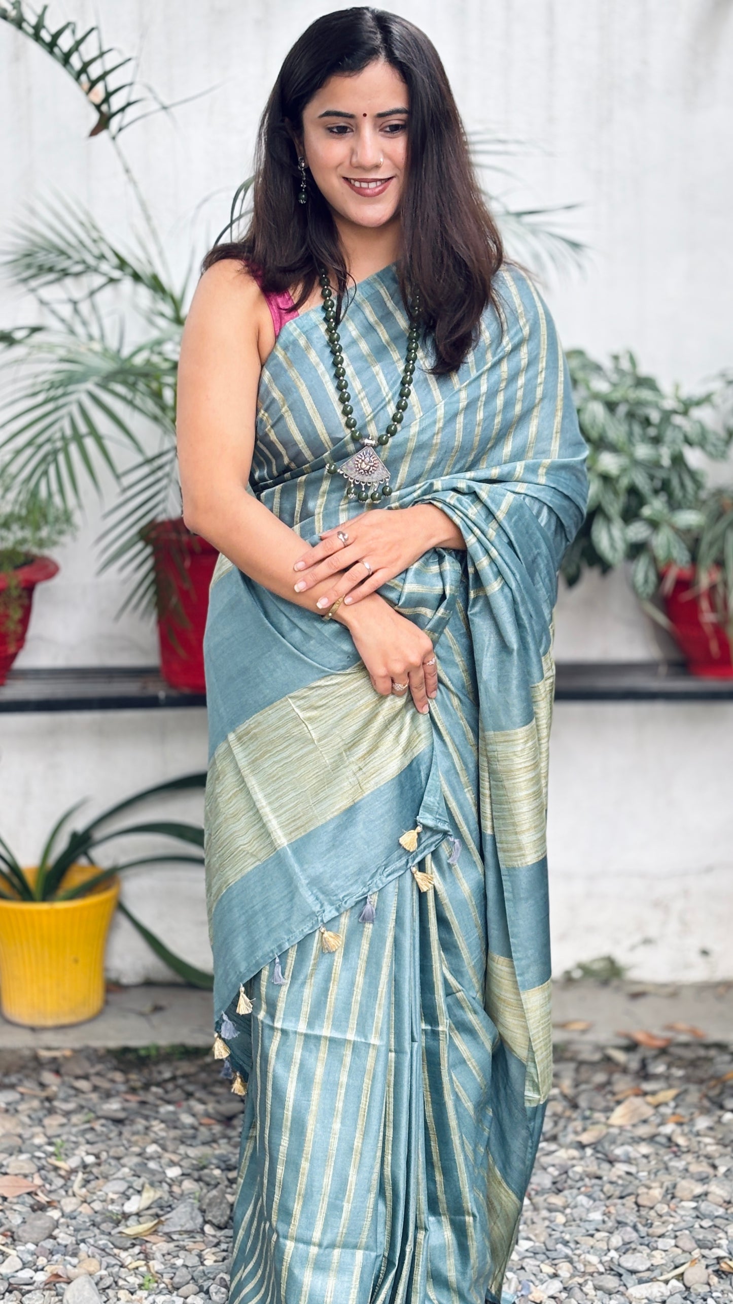 Slate Blue Striped Saree