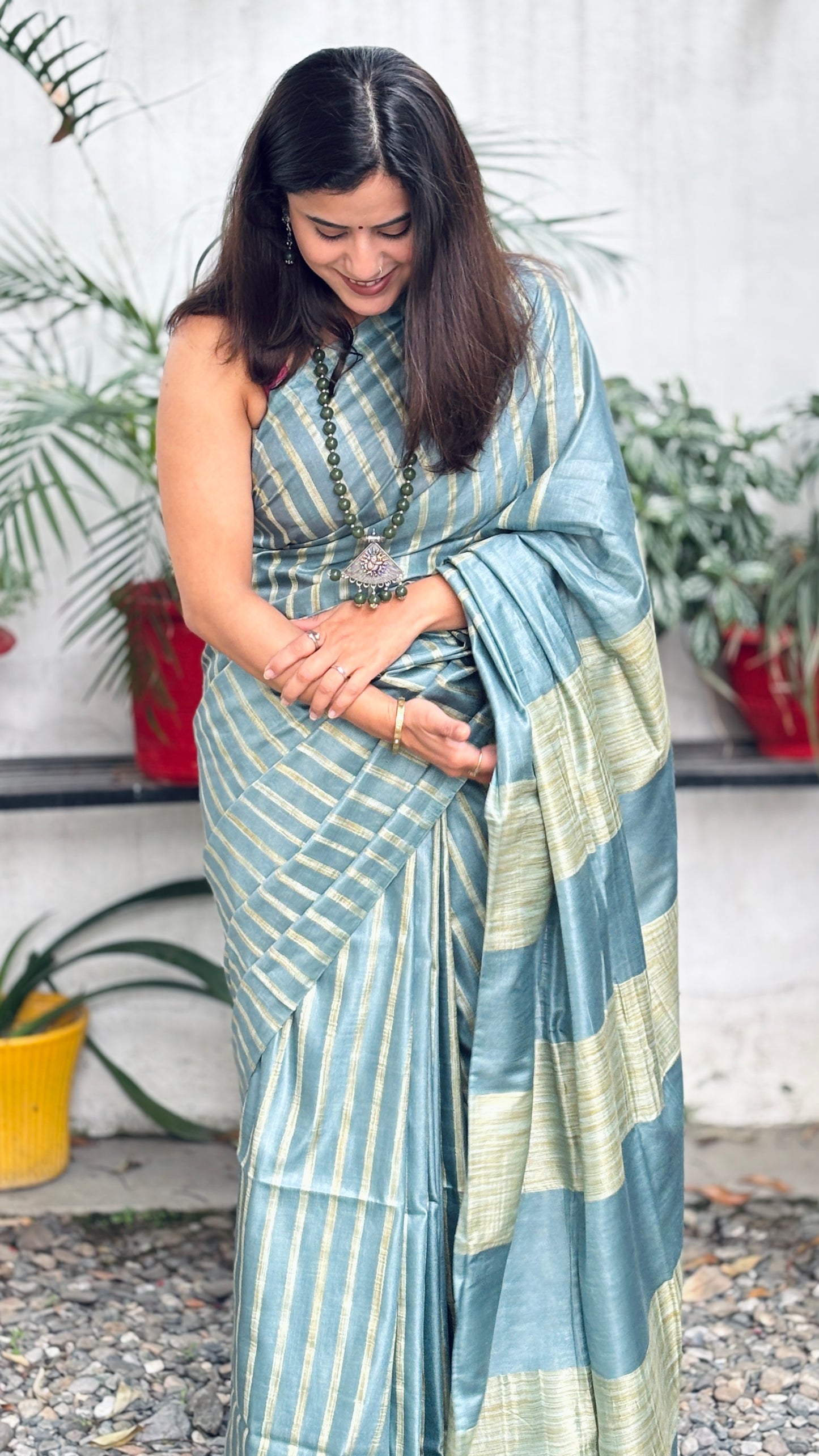 Slate Blue Striped Saree