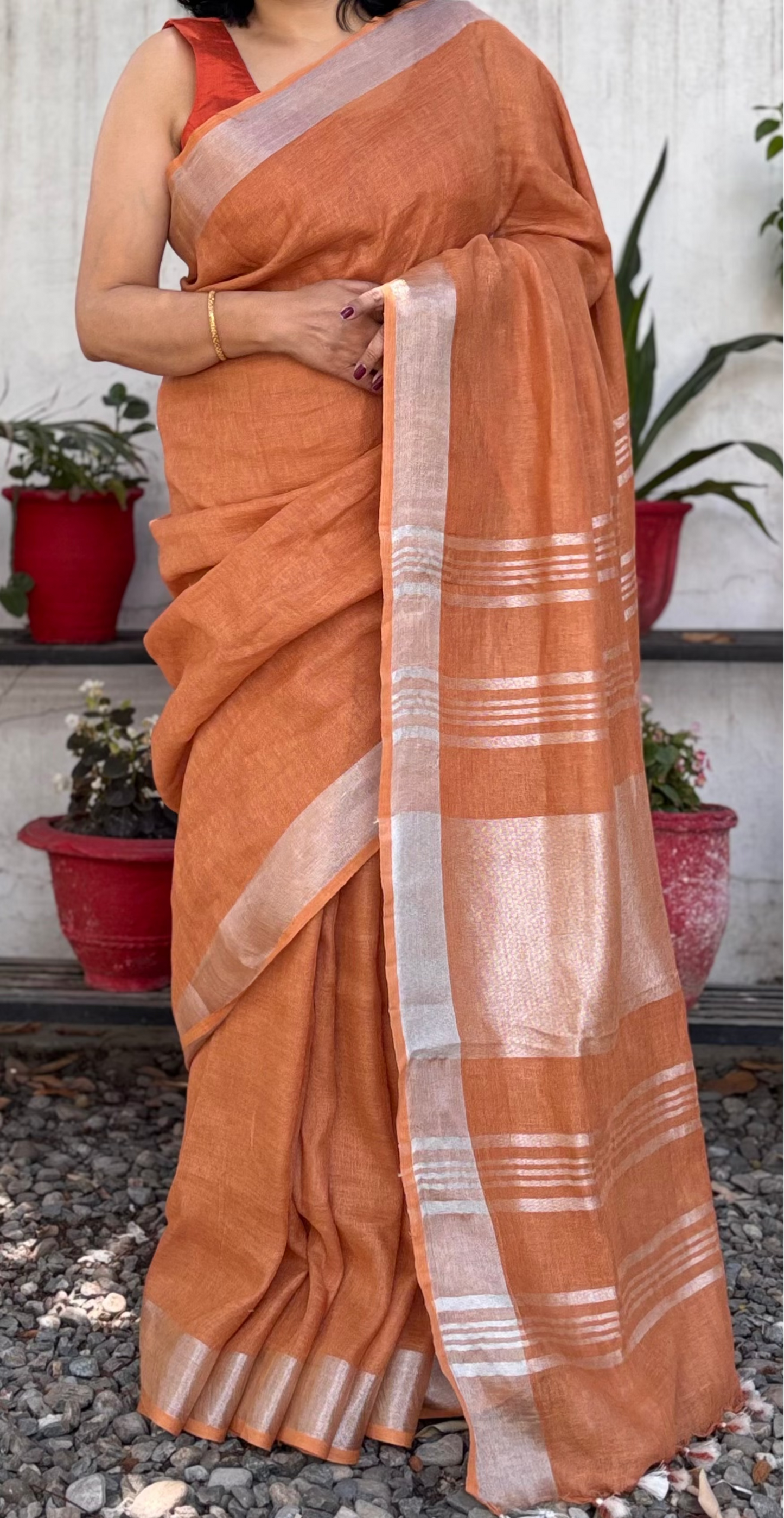 Handwoven Linen Saree - Rust