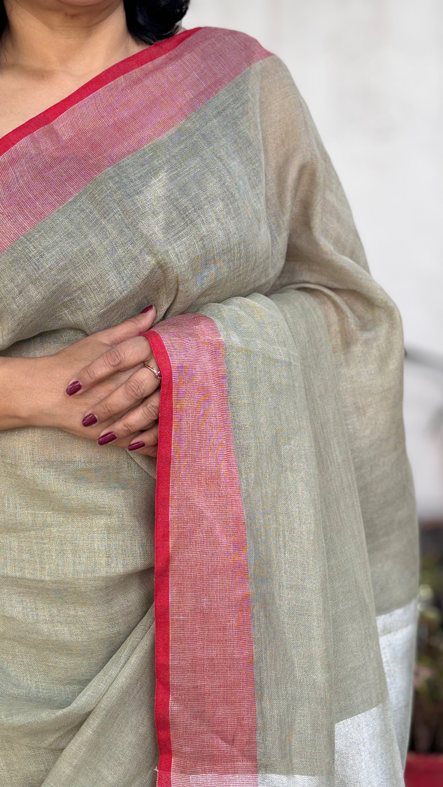 Handwoven Linen Saree - Sage Green