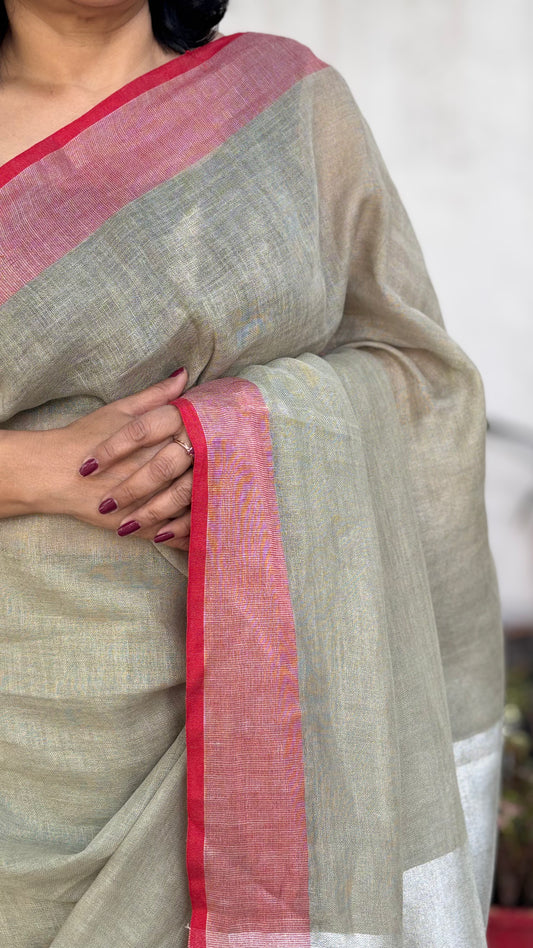Handwoven Linen Saree - Sage Green