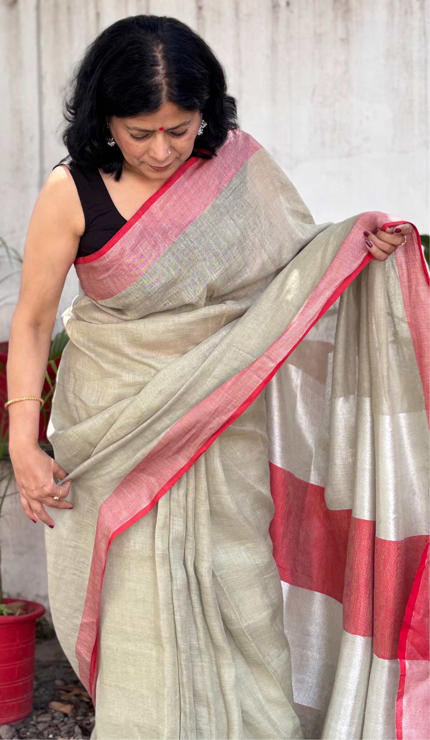 Handwoven Linen Saree - Sage Green