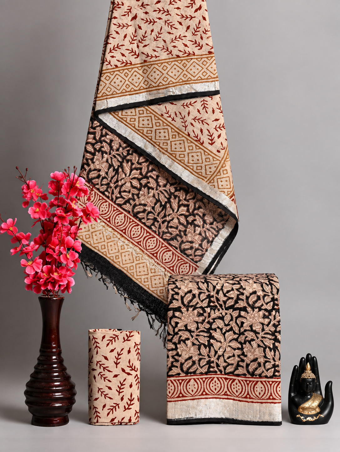 Handblock Printed Cotton Linen Beige & Black Floral Suit Set with Printed Dupatta
