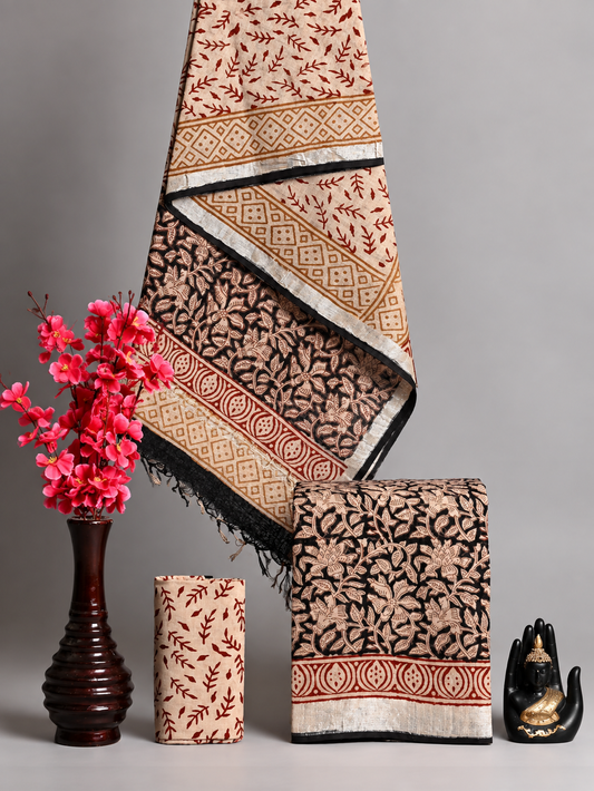 Handblock Printed Cotton Linen Beige & Black Floral Suit Set with Printed Dupatta