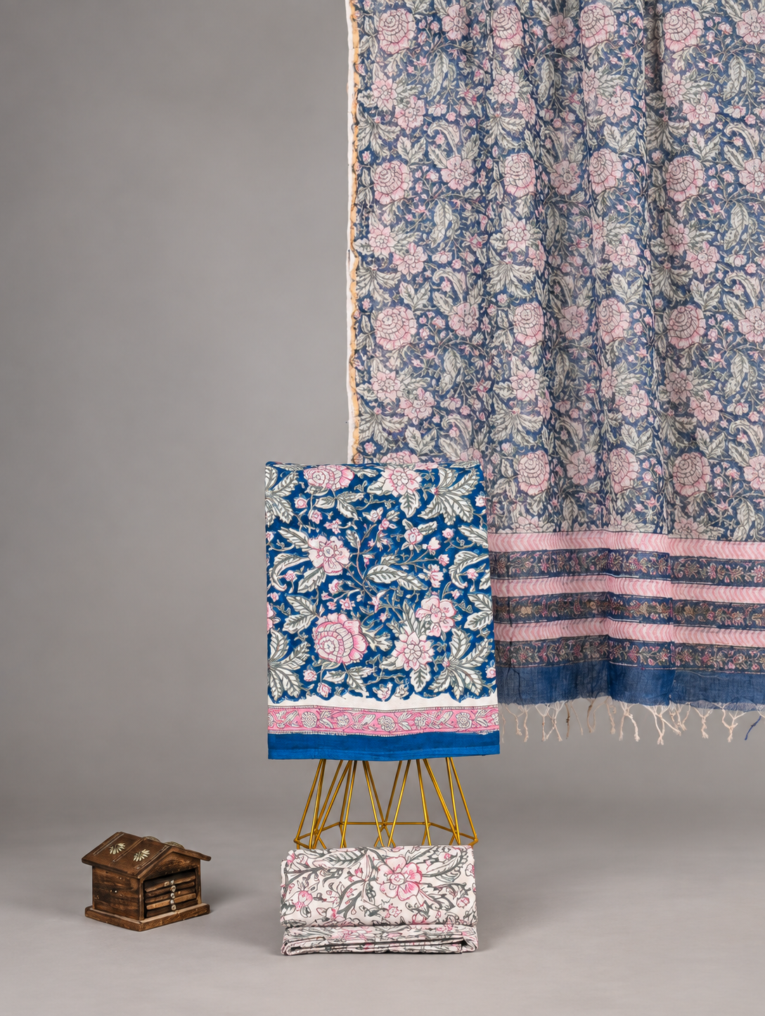 Handblock Printed Cotton Navy Blue & Pink Floral Suit Set with Printed Kota Doria Dupatta