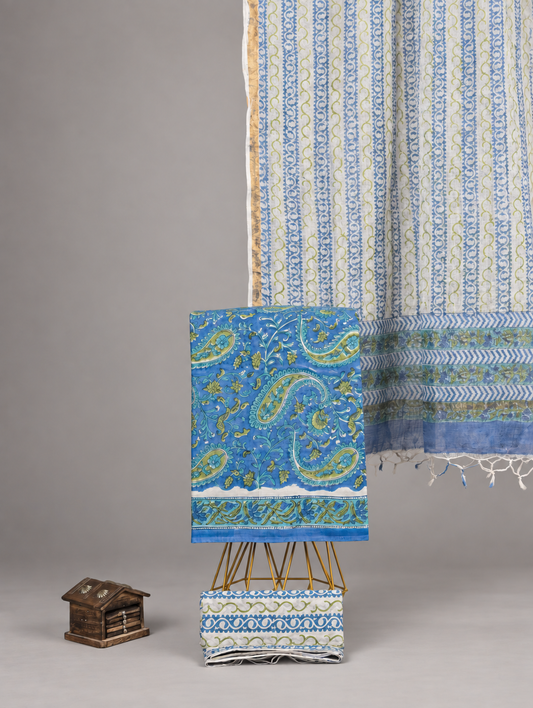 Blue Paisley Handblock Cotton Suit with Kota Doria Dupatta