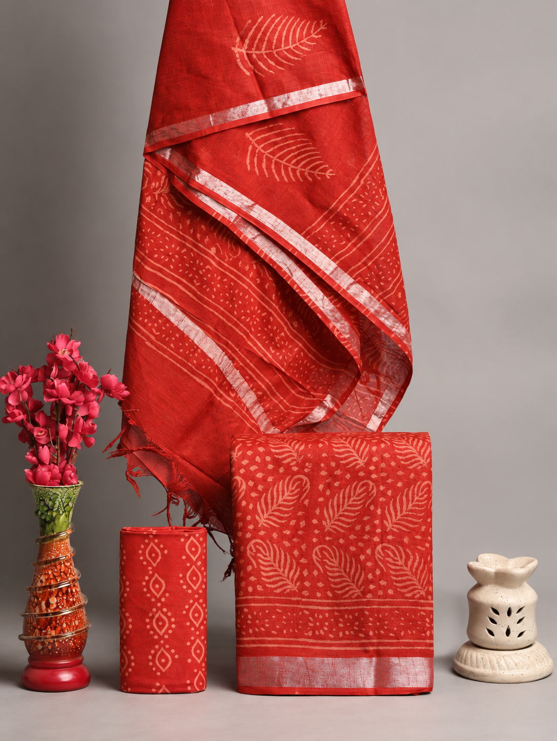 Handblock Printed Cotton Linen Red & Rust Leaf Print Suit Set with Cotton Linen Dupatta
