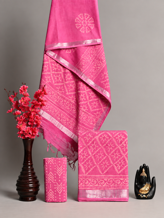 Handblock Printed Cotton Linen Pink Geometric Print Suit Set with Cotton Linen Dupatta