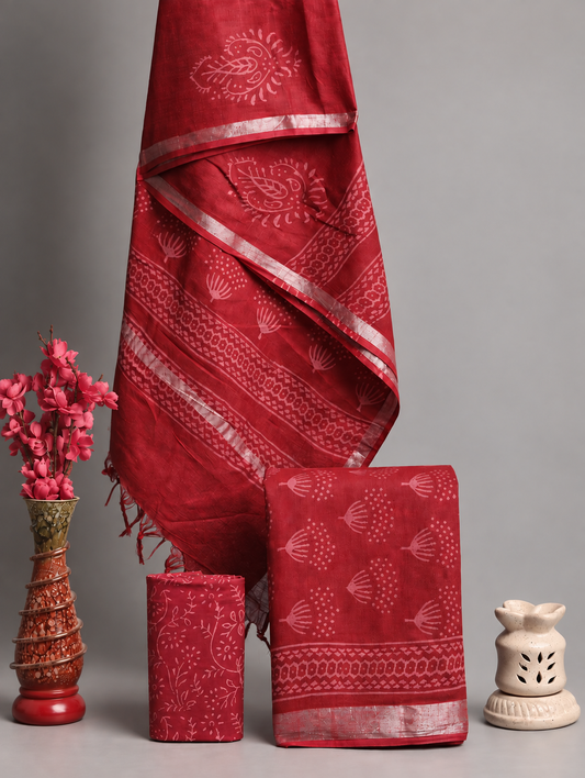 Handblock Printed Cotton Linen Deep Red Paisley Print Suit Set with Cotton Linen Dupatta